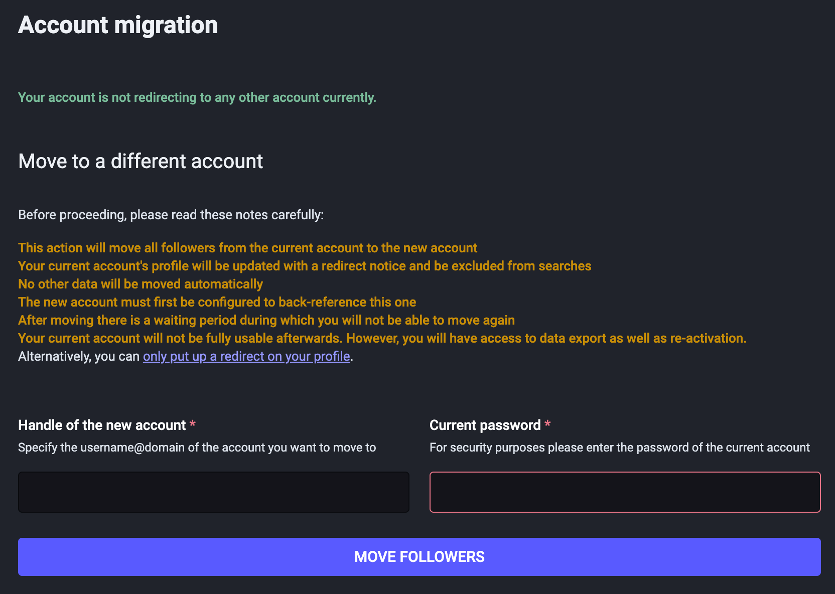 Migrate Account Page